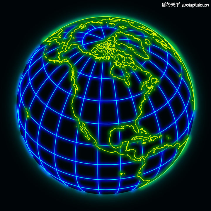 全球视野0109-全球视野图-未来科技图库-地球仪蓝色经纬线绿色洲际线