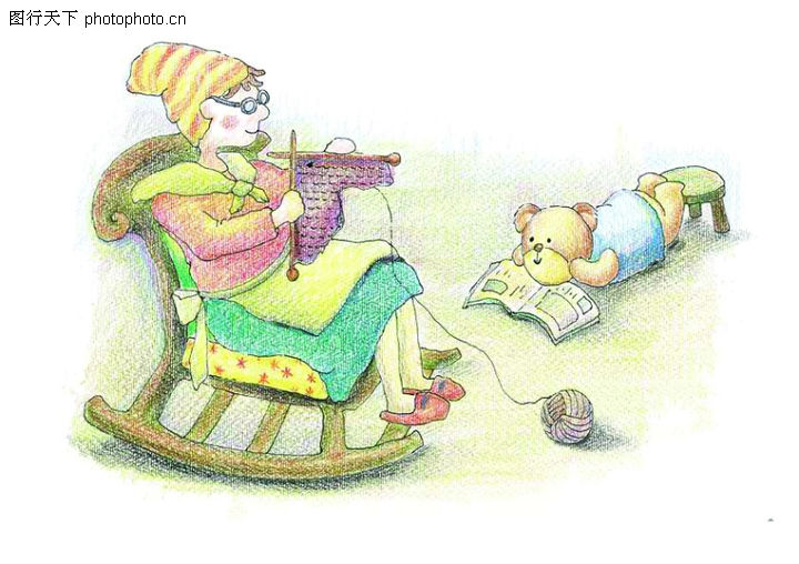 035-欢乐家庭图-标题插画图库-椅子 织毛线衣 