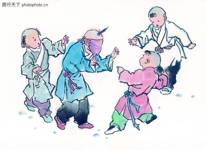 童戏0012-童心童戏图-中国国画图库-捉迷藏 躲