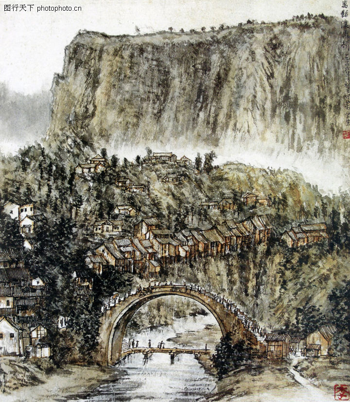 万县瀼渡桥-李可染图-中国近代大师名画图库-村