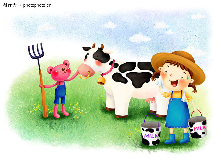 长图-彩绘人物情景模板图库-奶牛 牛奶 牧场 牧