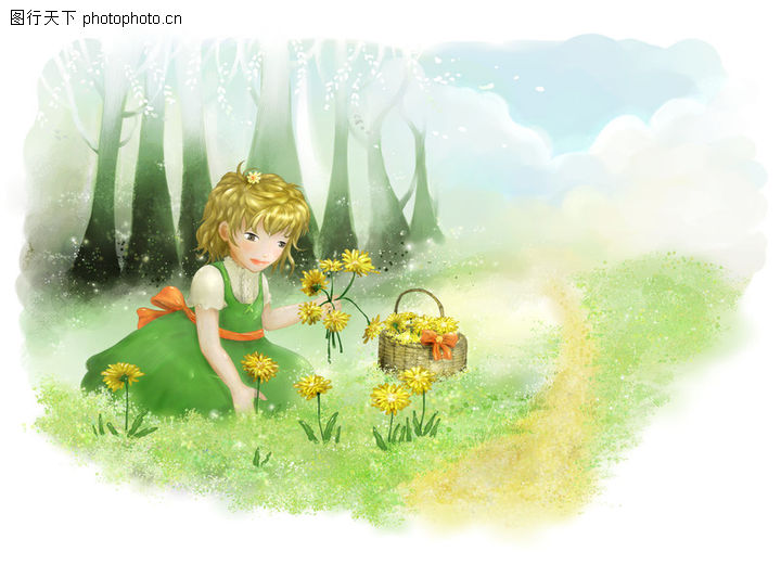 彩绘人物情景模板,野花+采花