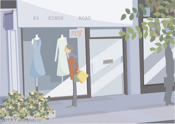 逛街购物0006-逛街购物图-时尚矢量插画图库-橱窗 吸引 专卖店 服装 时髦