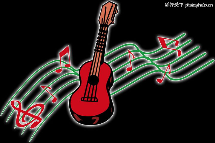 音乐0010-音乐图-霓虹灯设计图库-一把吉他 红色音符